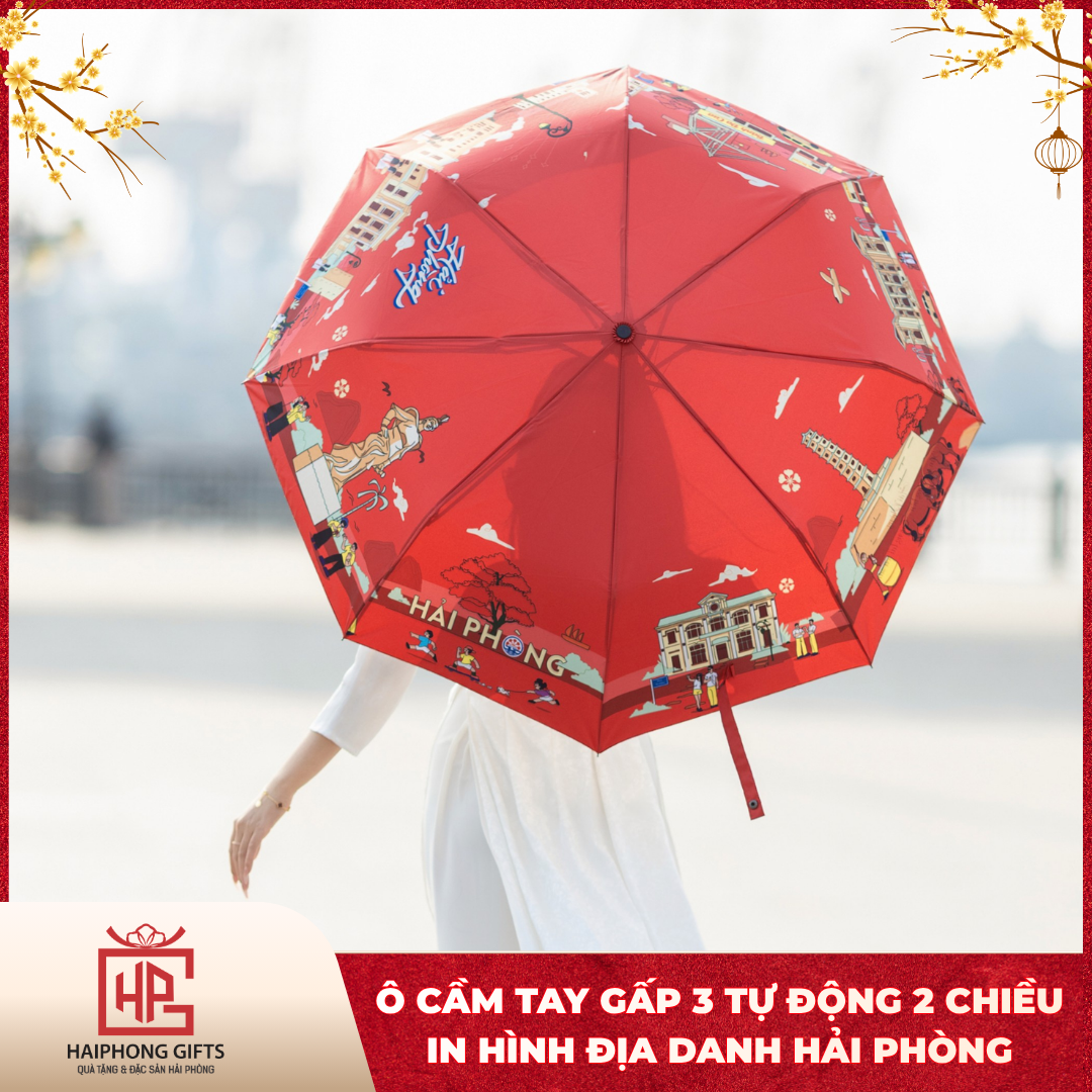Ô cầm tay gấp 3 tự động 2 chiều in hình địa danh Hải Phòng
