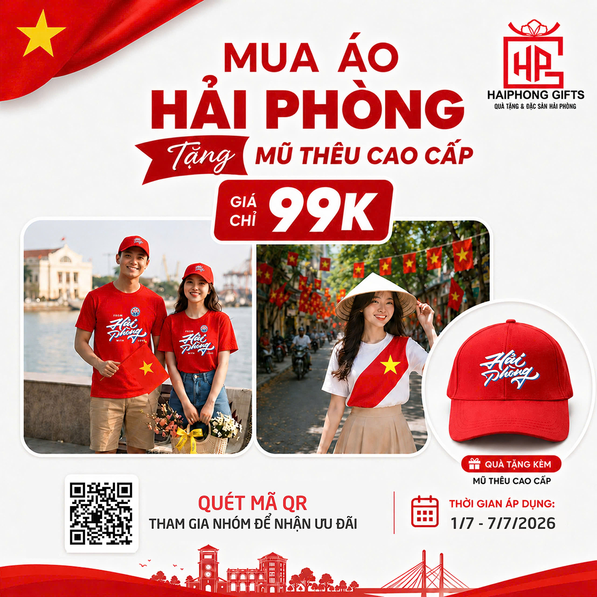 Bùng Nổ Ưu Đãi: Mua 1 Áo Hải Phòng Tặng 1 Mũ Thêu Cao Cấp – Giá Chỉ 99K!