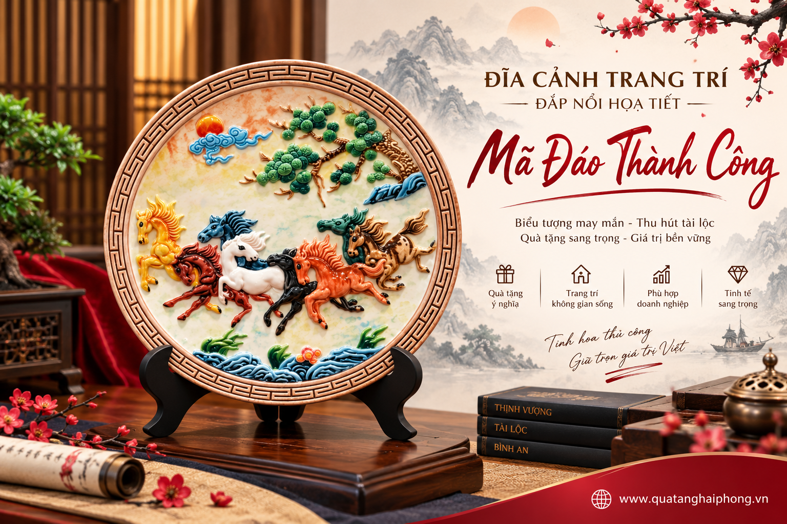 Đĩa Cảnh Trang Trí Đắp Nổi Họa Tiết Mã Đáo Thành Công – Quà Tặng Sang Trọng, Ý Nghĩa