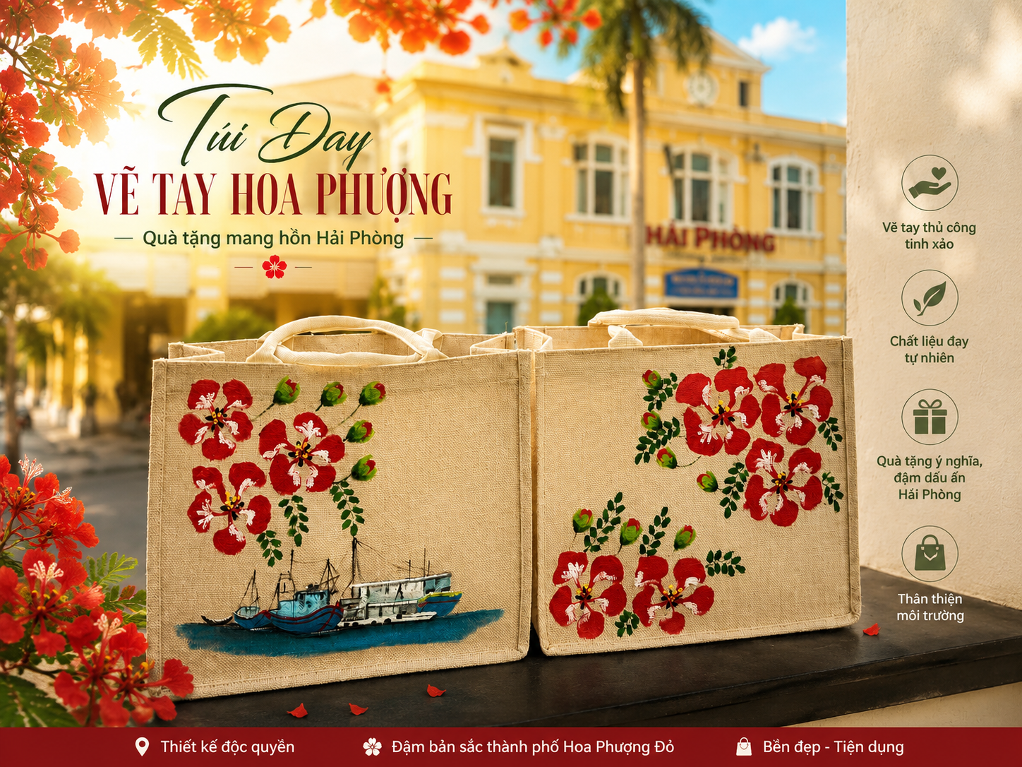 Túi Đay Vẽ Tay Hoa Phượng – Quà Tặng Hải Phòng Đậm Dấu Ấn Thành Phố Hoa Phượng Đỏ