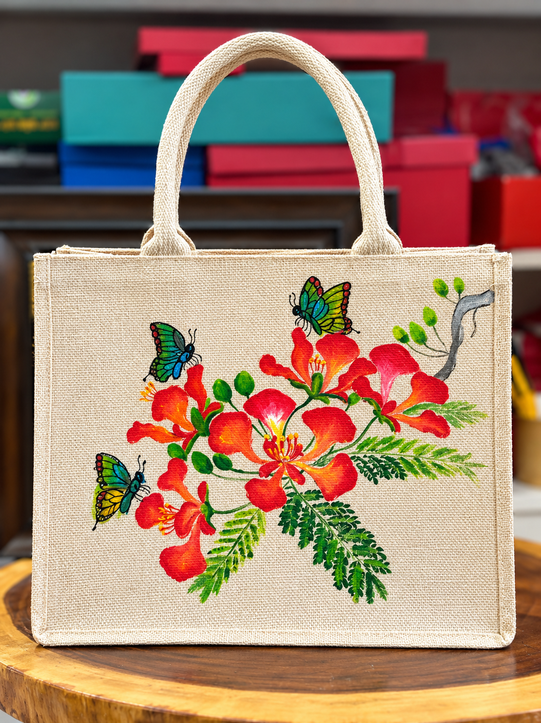 Túi Đay Vẽ Tay Hoa Phượng Đẹp 35x30x14cm