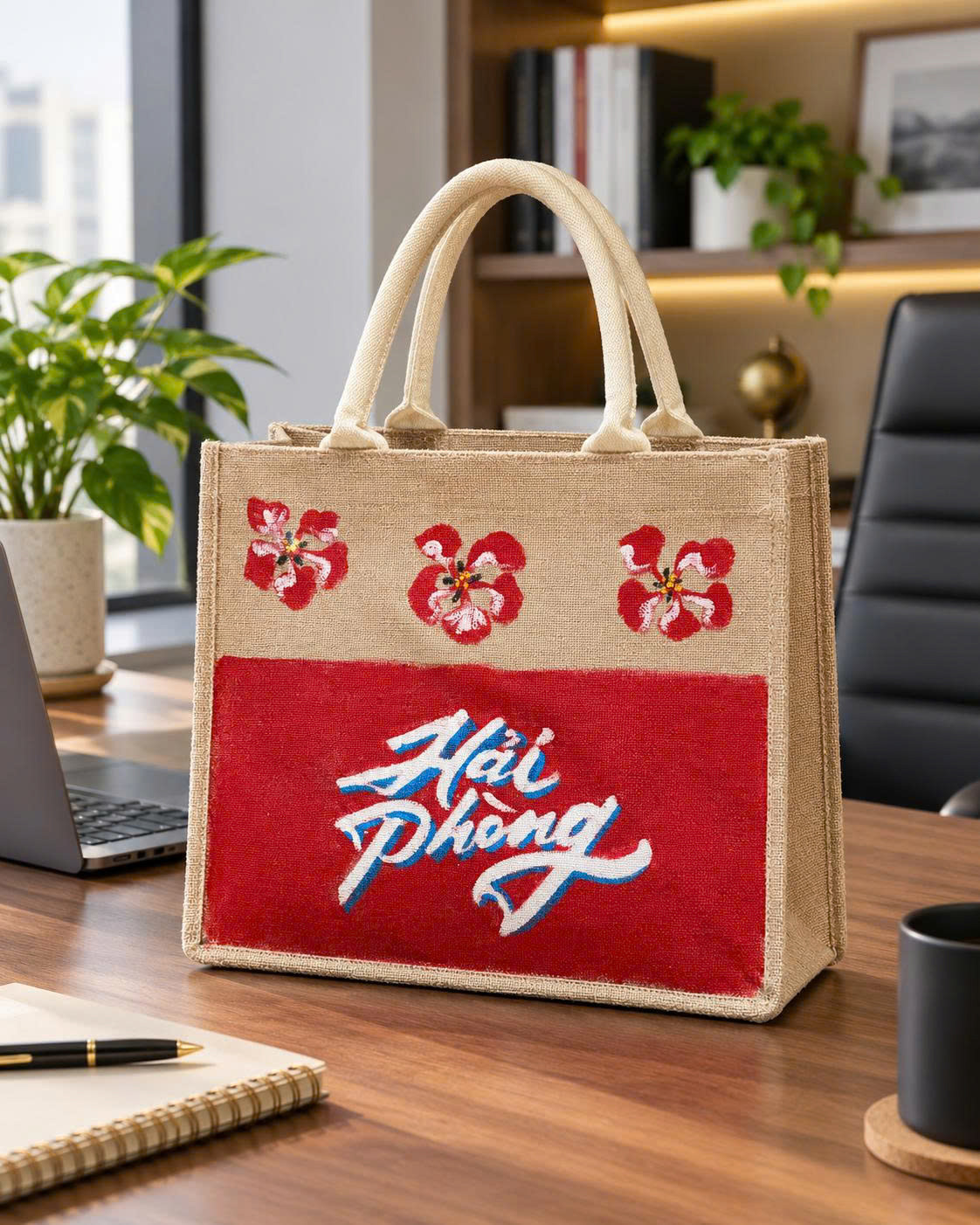 Túi đay vẽ tay logo Hải Phòng Hoa Phượng 35x30x14cm
