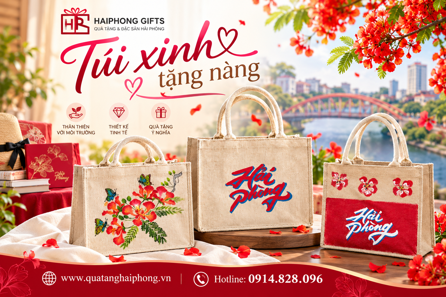 Túi Đay Vẽ Tay Hoa Phượng – Mộc Mạc, Tinh Tế, Đậm Chất Hải Phòng