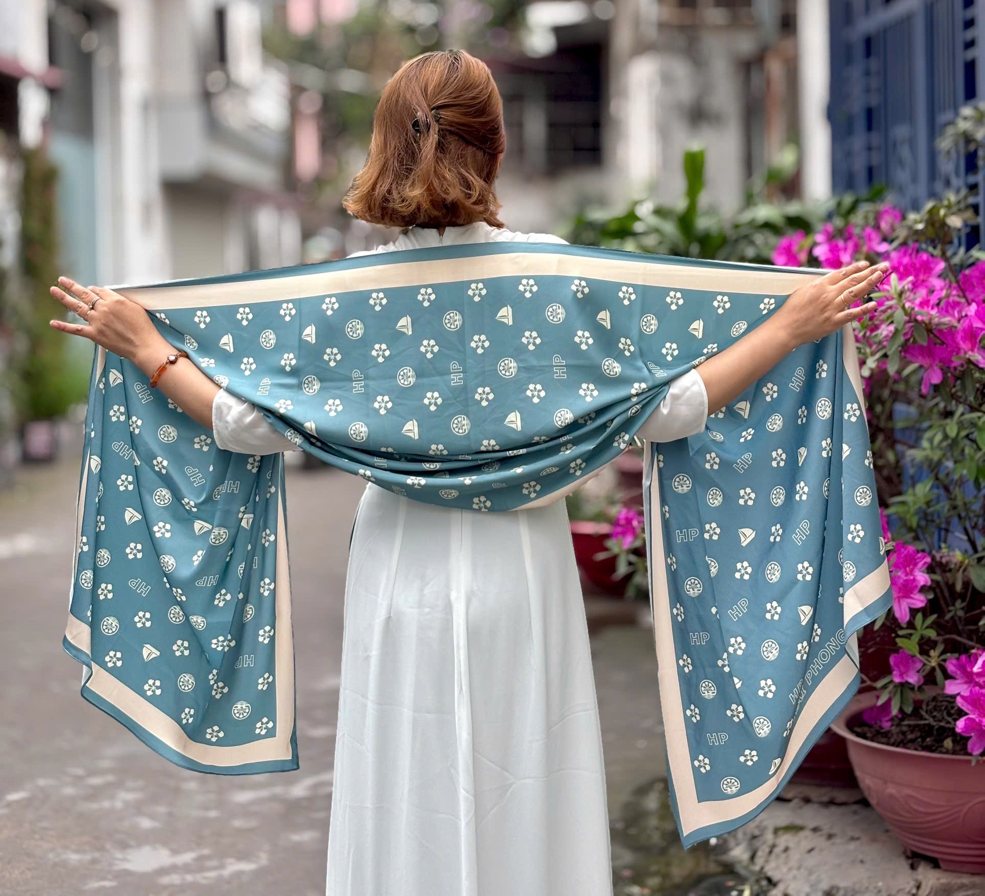 KHĂN LỤA HẢI PHÒNG - MÀU XANH TRẮNG 70X180CM