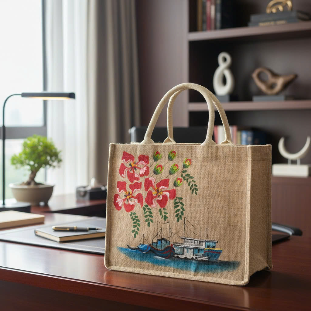 TÚI ĐAY VẼ TAY HOA PHƯỢNG, TÀU THUYỀN 35X30X14CM