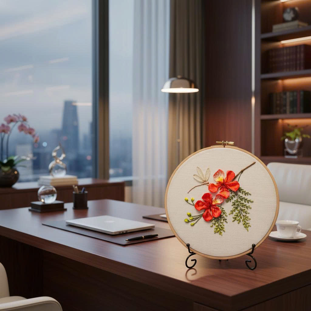 TRANH THÊU RUY BĂNG HOA PHƯỢNG & CÁNH CHUỒN