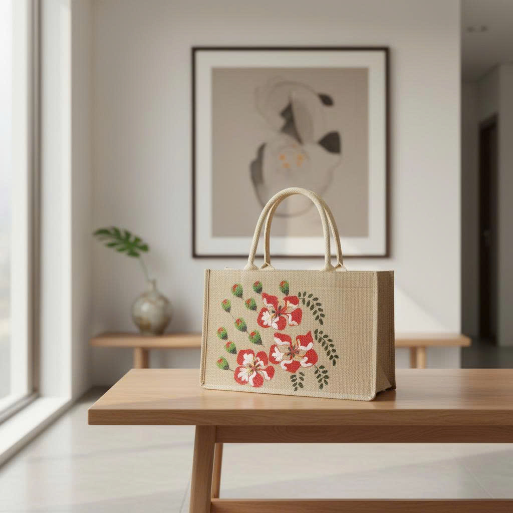 TÚI ĐAY HOA PHƯỢNG VẼ TAY SIZE  35X23X8CM